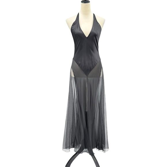 Victoria’s Secret Black Satin 100% Silk Sheer Tulle Long Maxi Nightgown Lingerie - Picture 1 of 14